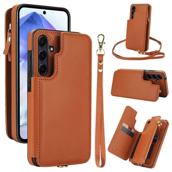 Crossbody Wallet Phone Case For Samsung Galaxy A13 5G with Card Holder,Kickstand,Zipper Card Slot Protector Shockproof PU Leather Purse Cover with Removable Cross Body Strap&Wrist Strap,Brown