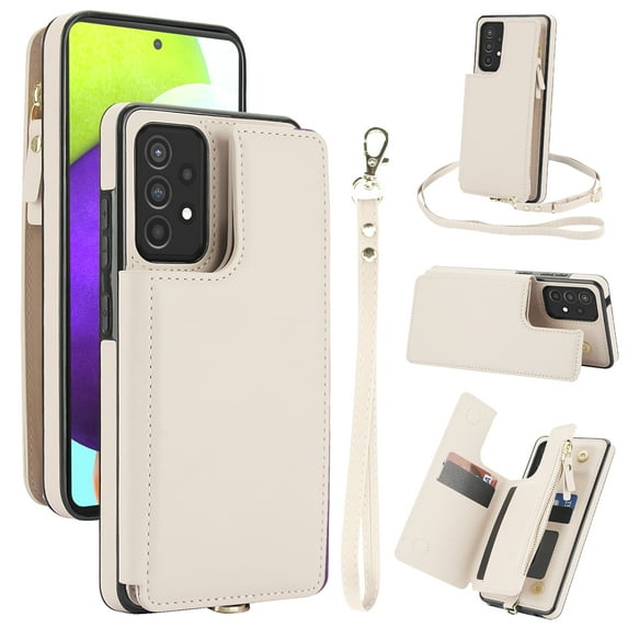 Crossbody Wallet Phone Case For Samsung Galaxy A53 5G with Card Holder,Kickstand,Zipper Card Slot Protector Shockproof PU Leather Purse Cover with Removable Cross Body Strap&Wrist Strap,White