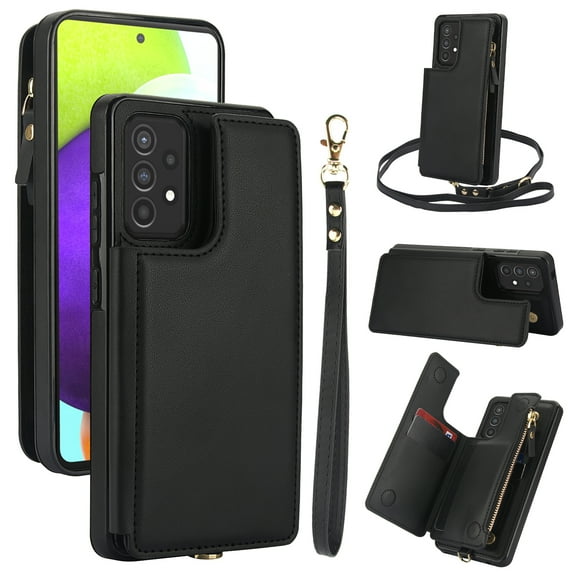 Crossbody Wallet Phone Case For Samsung Galaxy A53 5G with Card Holder,Kickstand,Zipper Card Slot Protector Shockproof PU Leather Purse Cover with Removable Cross Body Strap&Wrist Strap,Black