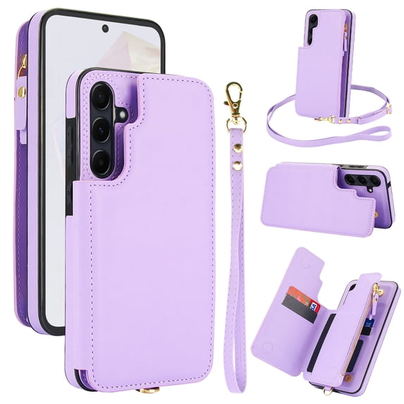 Crossbody Wallet Phone Case For Samsung Galaxy A54 5G with Card Holder,Kickstand,Zipper Card Slot Protector Shockproof PU Leather Purse Cover with Removable Cross Body Strap&Wrist Strap,Lightpurple