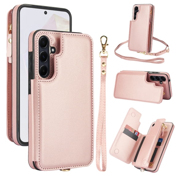 Crossbody Wallet Phone Case For Samsung Galaxy A54 5G with Card Holder,Kickstand,Zipper Card Slot Protector Shockproof PU Leather Purse Cover with Removable Cross Body Strap&Wrist Strap,Rosegold
