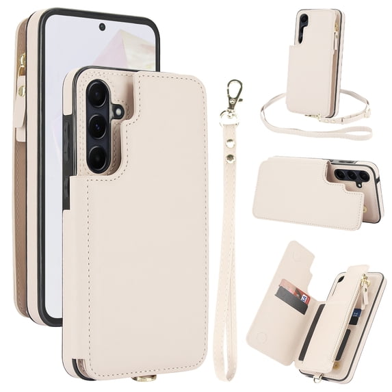 Crossbody Wallet Phone Case For Samsung Galaxy A54 5G with Card Holder,Kickstand,Zipper Card Slot Protector Shockproof PU Leather Purse Cover with Removable Cross Body Strap&Wrist Strap,White