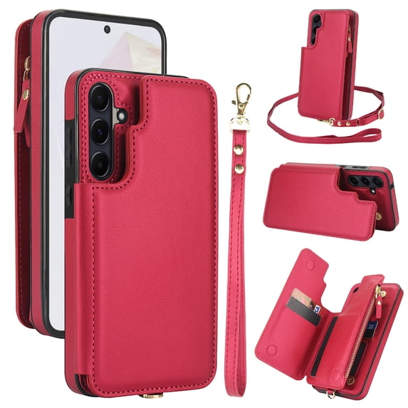 Crossbody Wallet Phone Case For Samsung Galaxy A54 5G with Card Holder,Kickstand,Zipper Card Slot Protector Shockproof PU Leather Purse Cover with Removable Cross Body Strap&Wrist Strap,Red