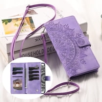 Crossbody Wallet Phone Case for Samsung Galaxy S21 FE, ELEHOLD Embossed PU Leather Zipper Pocket Folio Flip Case with Wrist / Shoulder Strap for Samsung S21 FE,Purple