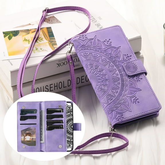 Crossbody Wallet Phone Case for Samsung Galaxy S21 FE, ELEHOLD Embossed PU Leather Zipper Pocket Folio Flip Case with Wrist / Shoulder Strap for Samsung S21 FE,Purple