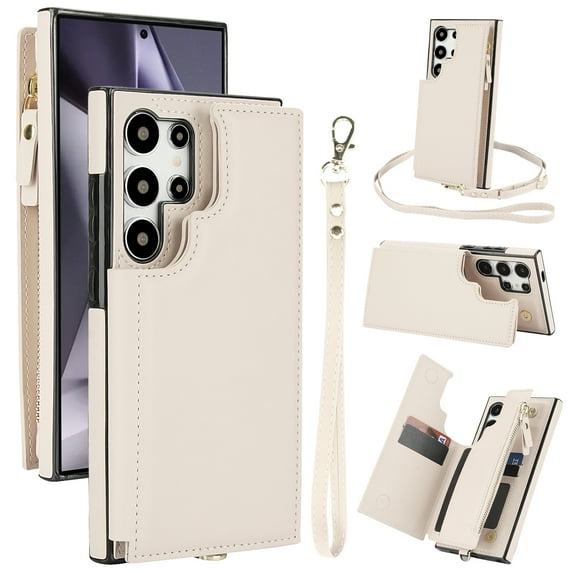 Crossbody Wallet Phone Case For Samsung Galaxy S22 Ultra with Card Holder,Kickstand,Zipper Card Slot Protector Shockproof PU Leather Purse Cover with Removable Cross Body Strap&Wrist Strap,White