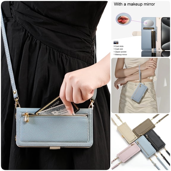 Crossbody Wallet Phone Case for Google Pixel 6, with Makeup Mirror Shoulder Strap Lanyard Cards Holder Zipper Pocket Protection Cover