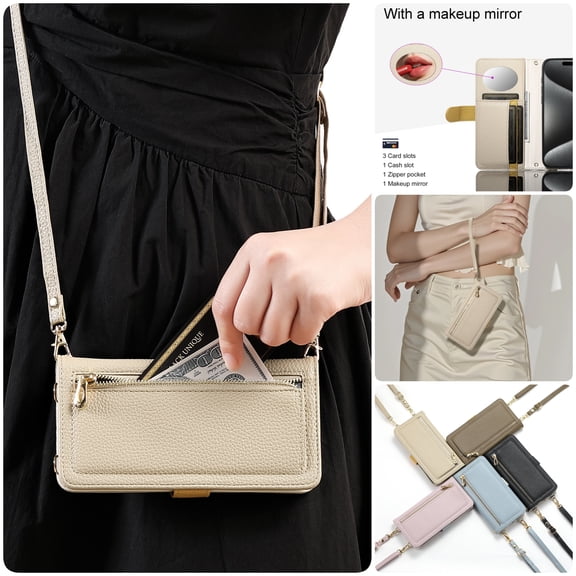 Crossbody Wallet Phone Case for Google Pixel 7, with Makeup Mirror Shoulder Strap Lanyard Cards Holder Zipper Pocket Protection Cover