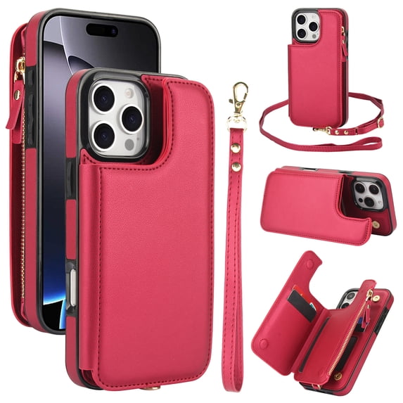 Crossbody Wallet Phone Case For iPhone 14 with Card Holder,Kickstand,Zipper Card Slot Protector Shockproof PU Leather Purse Cover with Removable Cross Body Strap&Wrist Strap,Red