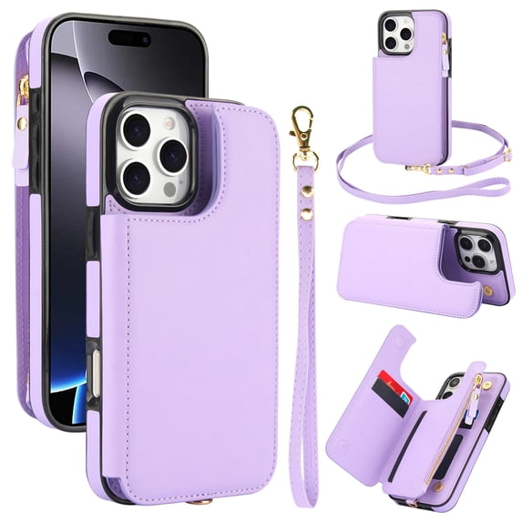 Crossbody Wallet Phone Case For iPhone 16 Pro Max with Card Holder,Kickstand,Zipper Card Slot Protector Shockproof PU Leather Purse Cover with Removable Cross Body Strap&Wrist Strap,Lightpurple