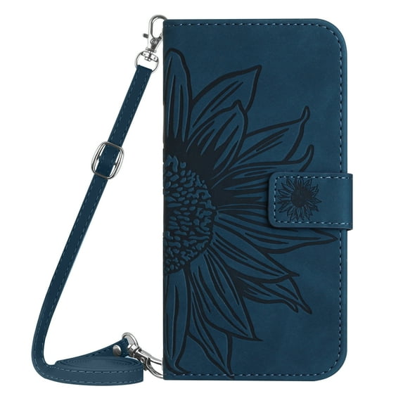 Crossbody Wallet Phone Cover Case for Samsung Galaxy A36 5G, Embossed Sunflower Shockproof Lanyard Shoulder Strap Slim Handbag Purse Flip Case for Samsung Galaxy A36 5G, Inkblue