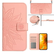 Crossbody Wallet Phone Cover Case for Samsung Galaxy S25, Embossed Sunflower Shockproof Lanyard Shoulder Strap Slim Handbag Purse Flip Case for Samsung Galaxy S25, Pink