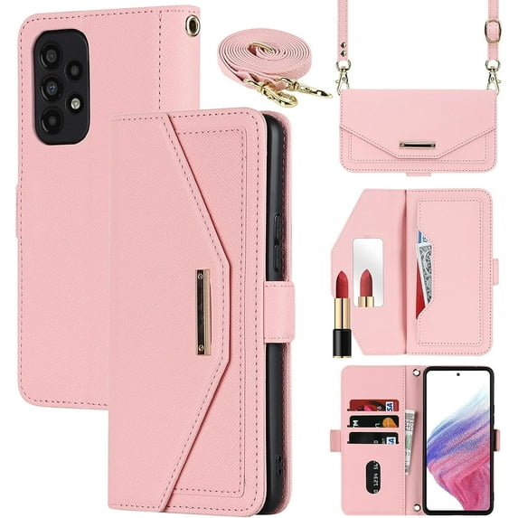Crossbody Wallet for Samsung Galaxy A53 5G Case with Adjustable Lanyard Strap Credit Card Holder 6.3",PU Leather Handbag Purse Kickstand Make Up Mirror Cover Case for Men Women Girl,Pink