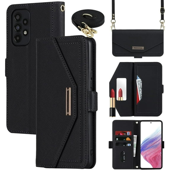 Crossbody Wallet for Samsung Galaxy A53 5G Case with Adjustable Lanyard Strap Credit Card Holder 6.3",PU Leather Handbag Purse Kickstand Make Up Mirror Cover Case for Men Women Girl,Black