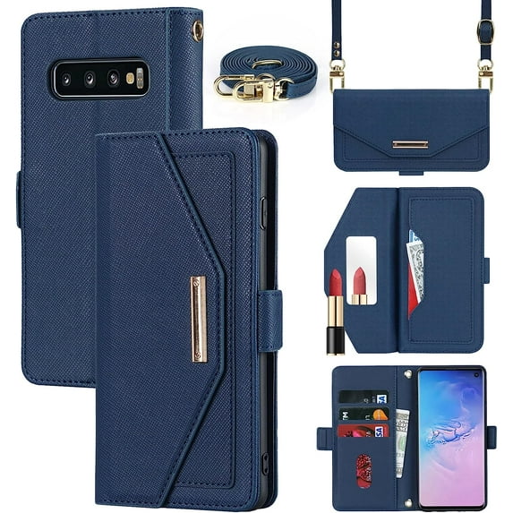 Crossbody Wallet for Samsung Galaxy S10 Case with Adjustable Lanyard Strap Credit Card Holder 6.1",PU Leather Handbag Purse Kickstand Make Up Mirror Cover Case for Men Women Girl,Blue