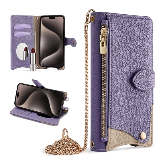 Crossbody Wallet for Samsung Galaxy S24 Case with Adjustable Lanyard Strap Credit Card Holder,PU Leather Handbag Purse Kickstand Make Up Mirror Cover,Zipper Pocket Magnetic Flip Case,Purple