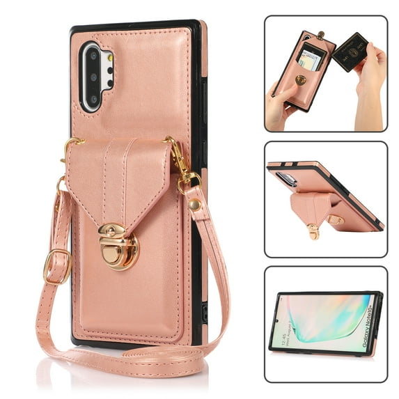 Crossbody Wallet Women Case for Samsung Note 10 Plus,Credit Card Holder with Should Strap,Premium PU Leather Purse Metal Buckle Folio Flip Cover for Samsung Galaxy Note 10 Plus, Rosegold