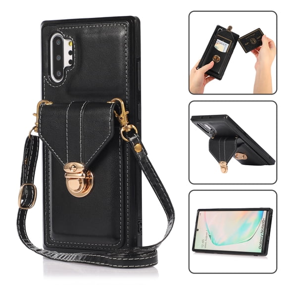 Crossbody Wallet Women Case for Samsung Note 10 Plus,Credit Card Holder with Should Strap,Premium PU Leather Purse Metal Buckle Folio Flip Cover for Samsung Galaxy Note 10 Plus, Black