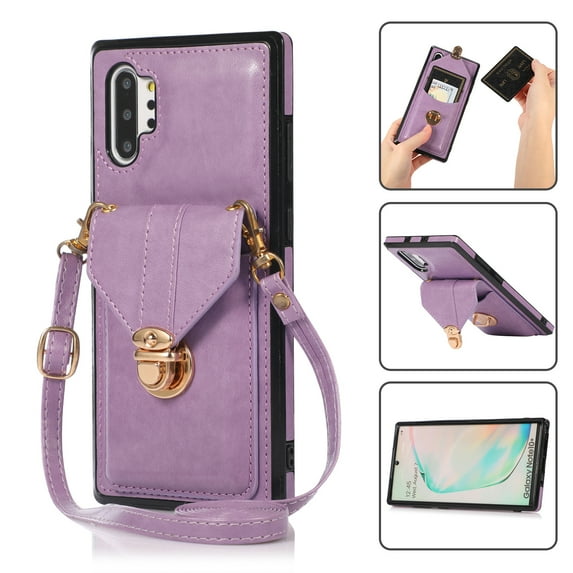 Crossbody Wallet Women Case for Samsung Note 10 Plus,Credit Card Holder with Should Strap,Premium PU Leather Purse Metal Buckle Folio Flip Cover for Samsung Galaxy Note 10 Plus, Purple