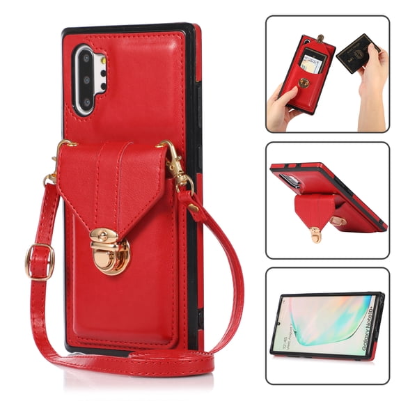 Crossbody Wallet Women Case for Samsung Note 10,[RFID Blocking] Credit Card Holder with Should Strap,Premium PU Leather Purse Metal Buckle Folio Flip Cover for Samsung Galaxy Note 10, Red