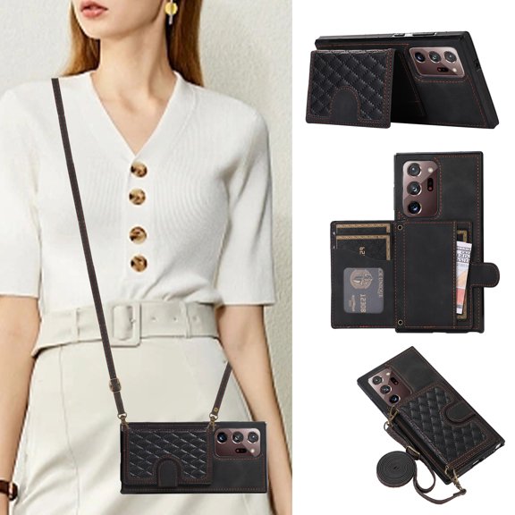 Crossbody Wallet Women Case for Samsung Note 20,[RFID Blocking] Credit Card Holder with Should Strap,Premium PU Leather Purse Diamond Patterned Folio Cover for Samsung Galaxy Note 20,Black