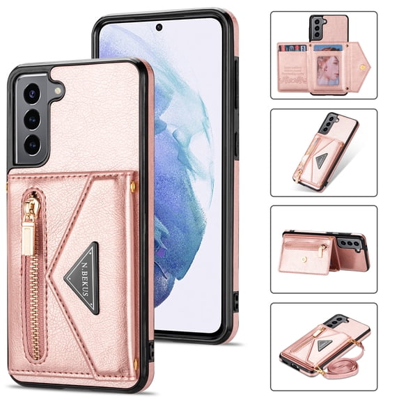 Crossbody Wallet Women Case for Samsung S21 FE,Credit Card Pocket Zipper Pouch with Shoulder Strap, PU Leather Kickstand Back Flip Envelope Design for Samsung Galaxy S21 FE, Pink