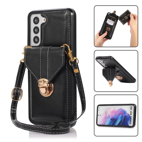 Crossbody Wallet Women Case for Samsung S22 Plus,[RFID Blocking] Credit Card Holder with Should Strap,Premium PU Leather Purse Metal Buckle Folio Flip Cover for Samsung Galaxy S22 Plus, Black