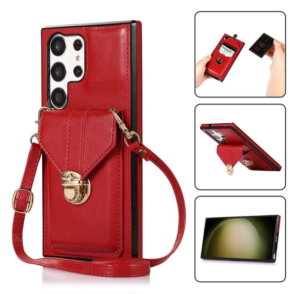 Crossbody Wallet Women Case for Samsung S22 Ultra, Credit Card Holder with Should Strap,Premium PU Leather Purse Metal Buckle Folio Flip Cover for Samsung Galaxy S22 Ultra, Red