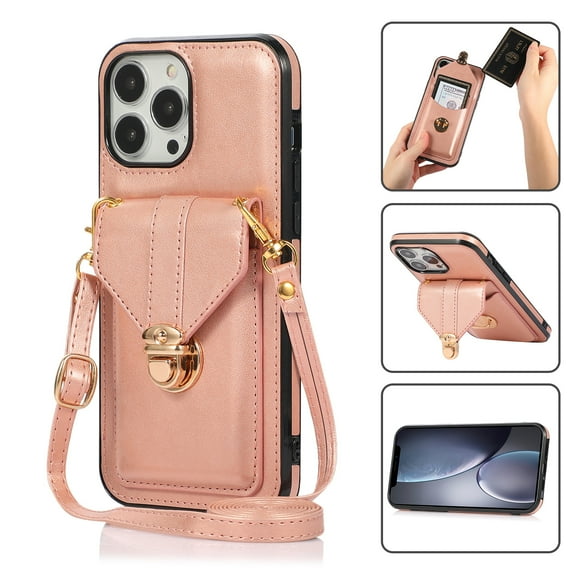Crossbody Wallet Women Case for iPhone 12 Pro/12, [RFID Blocking] Credit Card Holder with Should Strap,Premium PU Leather Purse Metal Buckle Folio Flip Cover For iPhone 12/12 Pro, Rosegold