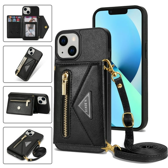 Crossbody Wallet Women Case for iPhone 13,Credit Card Pocket Zipper Pouch with Shoulder Strap, PU Leather Kickstand Back Flip Envelope Design For iPhone 13, Black