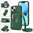 thumbnail image 1 of Crossbody Wallet Women Case for iPhone 13,Credit Card Pocket Zipper Pouch with Shoulder Strap, PU Leather Kickstand Back Flip Envelope Design For iPhone 13, Green, 1 of 13