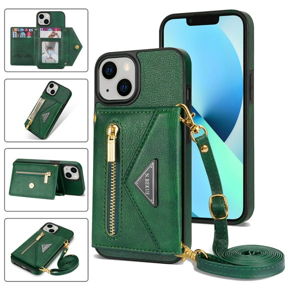 Crossbody Wallet Women Case for iPhone 13,Credit Card Pocket Zipper Pouch with Shoulder Strap, PU Leather Kickstand Back Flip Envelope Design For iPhone 13, Green