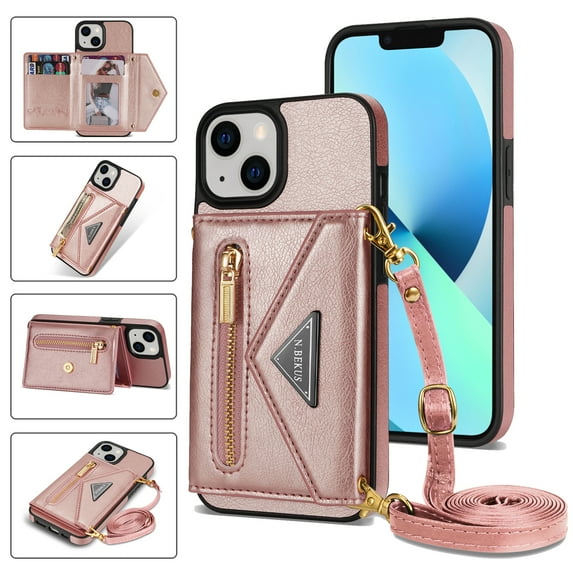 Crossbody Wallet Women Case for iPhone 13,Credit Card Pocket Zipper Pouch with Shoulder Strap, PU Leather Kickstand Back Flip Envelope Design For iPhone 13, Pink