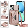 thumbnail image 1 of Crossbody Wallet Women Case for iPhone 14,Credit Card Pocket Zipper Pouch with Shoulder Strap, PU Leather Kickstand Back Flip Envelope Design For iPhone 14, Pink, 1 of 13