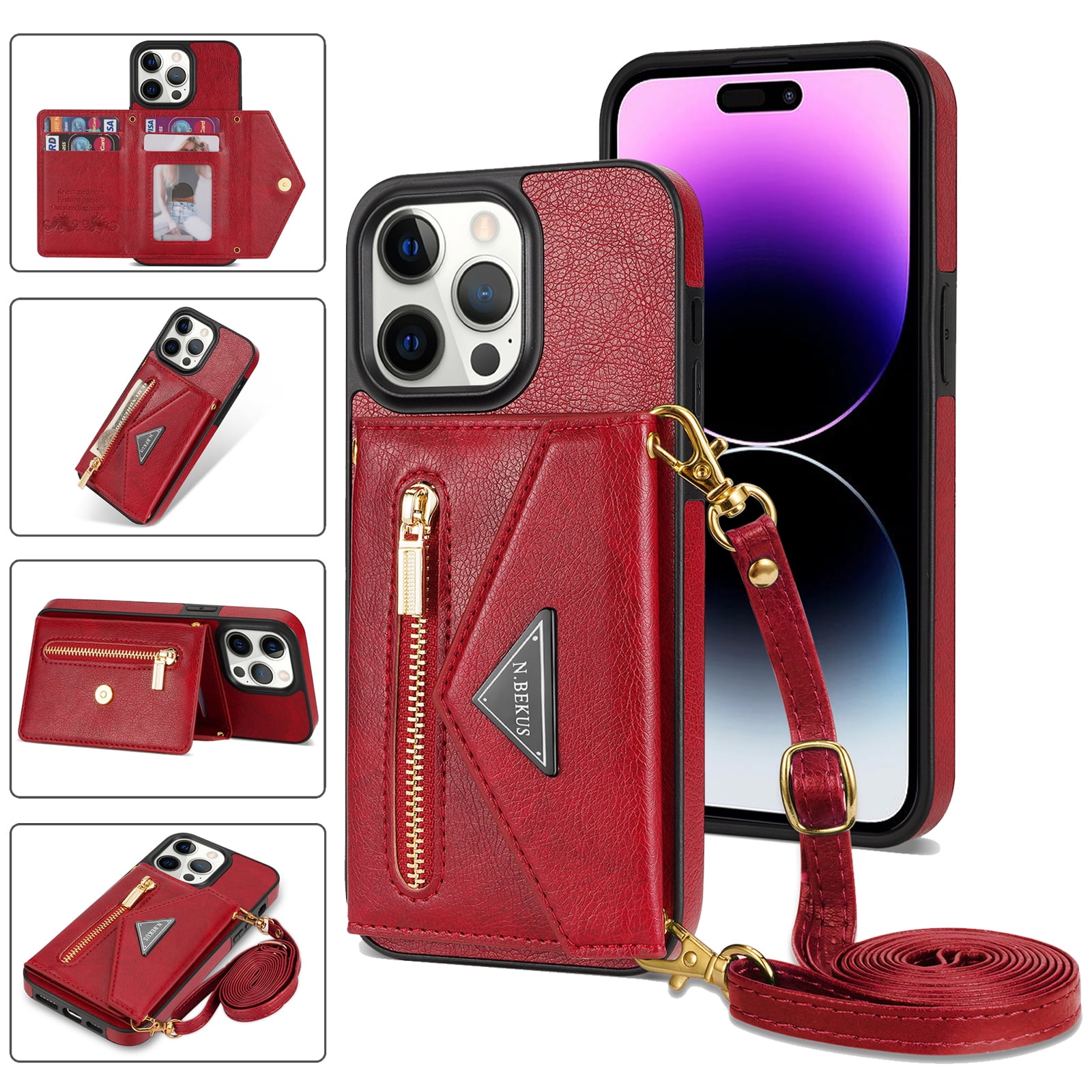 Crossbody Wallet Women Case for iPhone 14 Pro Max Credit Card Pocket Zipper Pouch with Shoulder Strap PU Leather Kickstand Back Flip Envelope Design