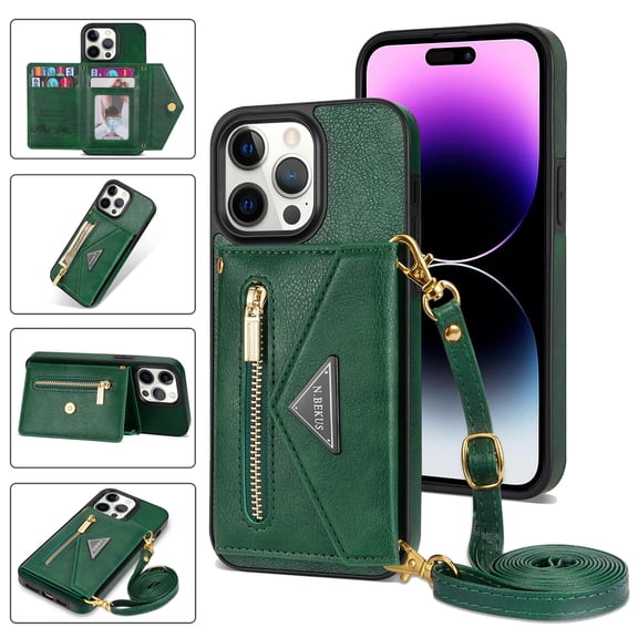 Crossbody Wallet Women Case for iPhone 14 Pro Max,Credit Card Pocket Zipper Pouch with Shoulder Strap, PU Leather Kickstand Back Flip Envelope Design For iPhone 14 Pro Max, Green