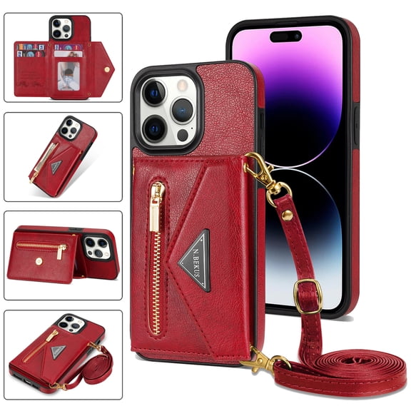Crossbody Wallet Women Case for iPhone 14 Pro Max,Credit Card Pocket Zipper Pouch with Shoulder Strap, PU Leather Kickstand Back Flip Envelope Design For iPhone 14 Pro Max, Red