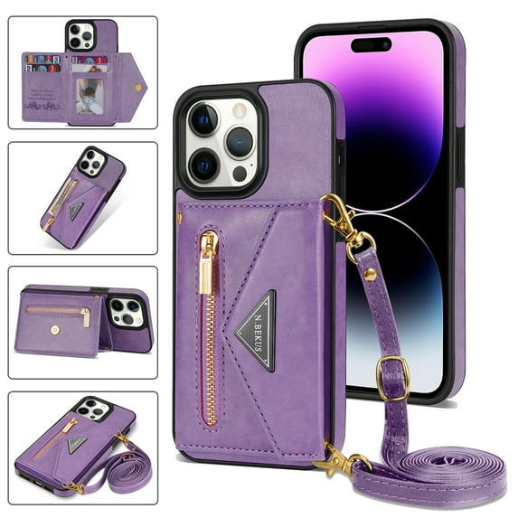 Crossbody Wallet Women Case for iPhone 14 Pro Max,Credit Card Pocket Zipper Pouch with Shoulder Strap, PU Leather Kickstand Back Flip Envelope Design For iPhone 14 Pro Max, Purple