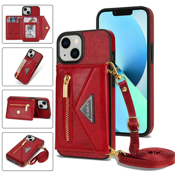Crossbody Wallet Women Case for iPhone 15,Credit Card Pocket Zipper Pouch with Shoulder Strap, PU Leather Kickstand Back Flip Envelope Design For iPhone 15, Red