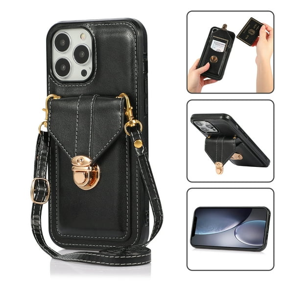 Crossbody Wallet Women Case for iPhone 15 Pro,[RFID Blocking] Credit Card Holder with Should Strap,Premium PU Leather Purse Metal Buckle Folio Flip Cover For iPhone 15 Pro, Black