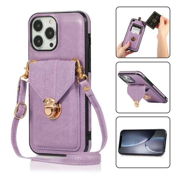 Crossbody Wallet Women Case for iPhone 15 Pro,[RFID Blocking] Credit Card Holder with Should Strap,Premium PU Leather Purse Metal Buckle Folio Flip Cover For iPhone 15 Pro, Purple