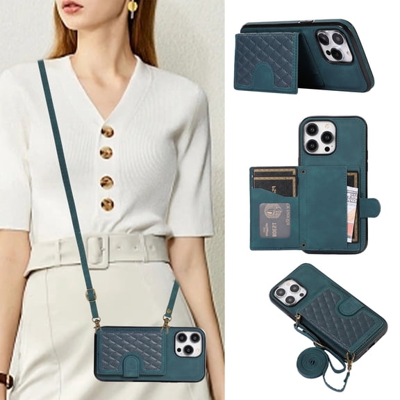 Crossbody Wallet Women Case for iPhone 15 Pro,[RFID Blocking] Credit Card Holder with Should Strap,Premium PU Leather Purse Diamond Patterned Folio Cover For iPhone 15 Pro,Green