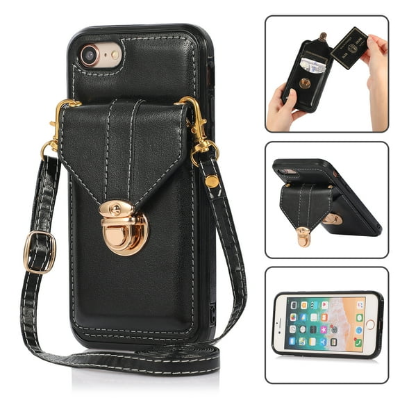 Crossbody Wallet Women Case for iPhone 7, iPhone 8, iPhone SE 2020, iPhone SE 2022,[RFID Blocking] Credit Card Holder with Should Strap,Premium PU Leather Purse Metal Buckle Folio Flip Cover, Black