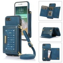 Crossbody Wallet Women Case for iPhone 7, iPhone 8, iPhone SE 2020,[RFID Blocking] Credit Card Holder Phone Case with Strap,PU Leather Purse with Lanyard Bling Flip Cover, Blue