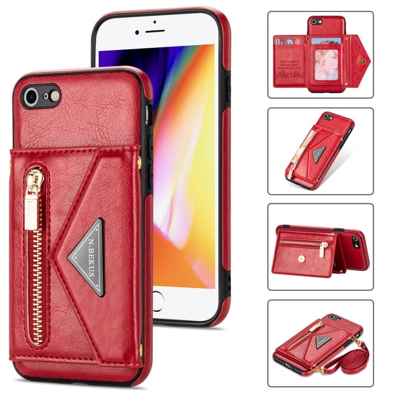 Crossbody Wallet Women Case for iPhone 7 Plus, iPhone 8 Plus,Credit Card Holder Phone Case with Shoulder Strap, PU Leather Kickstand Back Flip Envelope Design For iPhone 8 Plus/7 Plus, Red