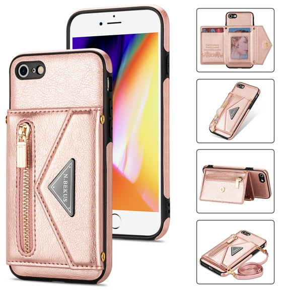 Crossbody Wallet Women Case for iPhone 7 Plus, iPhone 8 Plus,Credit Card Holder Phone Case with Shoulder Strap, PU Leather Kickstand Back Flip Envelope Design For iPhone 8 Plus/7 Plus, Pink