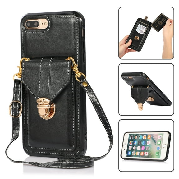Crossbody Wallet Women Case for iPhone 7 Plus, iPhone 8 Plus,Credit Card Holder with Should Strap,Premium PU Leather Purse Metal Buckle Folio Flip Cover For iPhone 8 Plus/7 Plus, Black