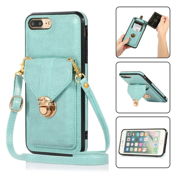 Crossbody Wallet Women Case for iPhone 7 Plus, iPhone 8 Plus,Credit Card Holder with Should Strap,Premium PU Leather Purse Metal Buckle Folio Flip Cover For iPhone 8 Plus/7 Plus, Green