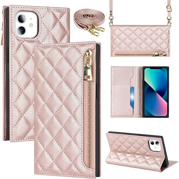 Crossbody Wallet for iPhone 11 Case with Adjustable Lanyard Strap Credit Card Holder 6.1",PU Leather Zipper Handbag Purse Kickstand Lattice Pattern Cover Case for Men Women Girl,Rose Gold