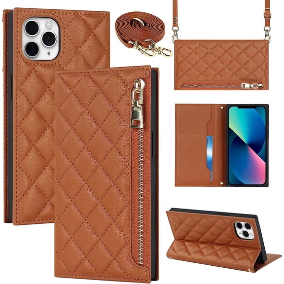 Crossbody Wallet for iPhone 11 Pro Max Case with Adjustable Lanyard Strap Card Holder 6.5",PU Leather Zipper Handbag Purse Kickstand Lattice Pattern Cover Case for Men Women Girl,Brown